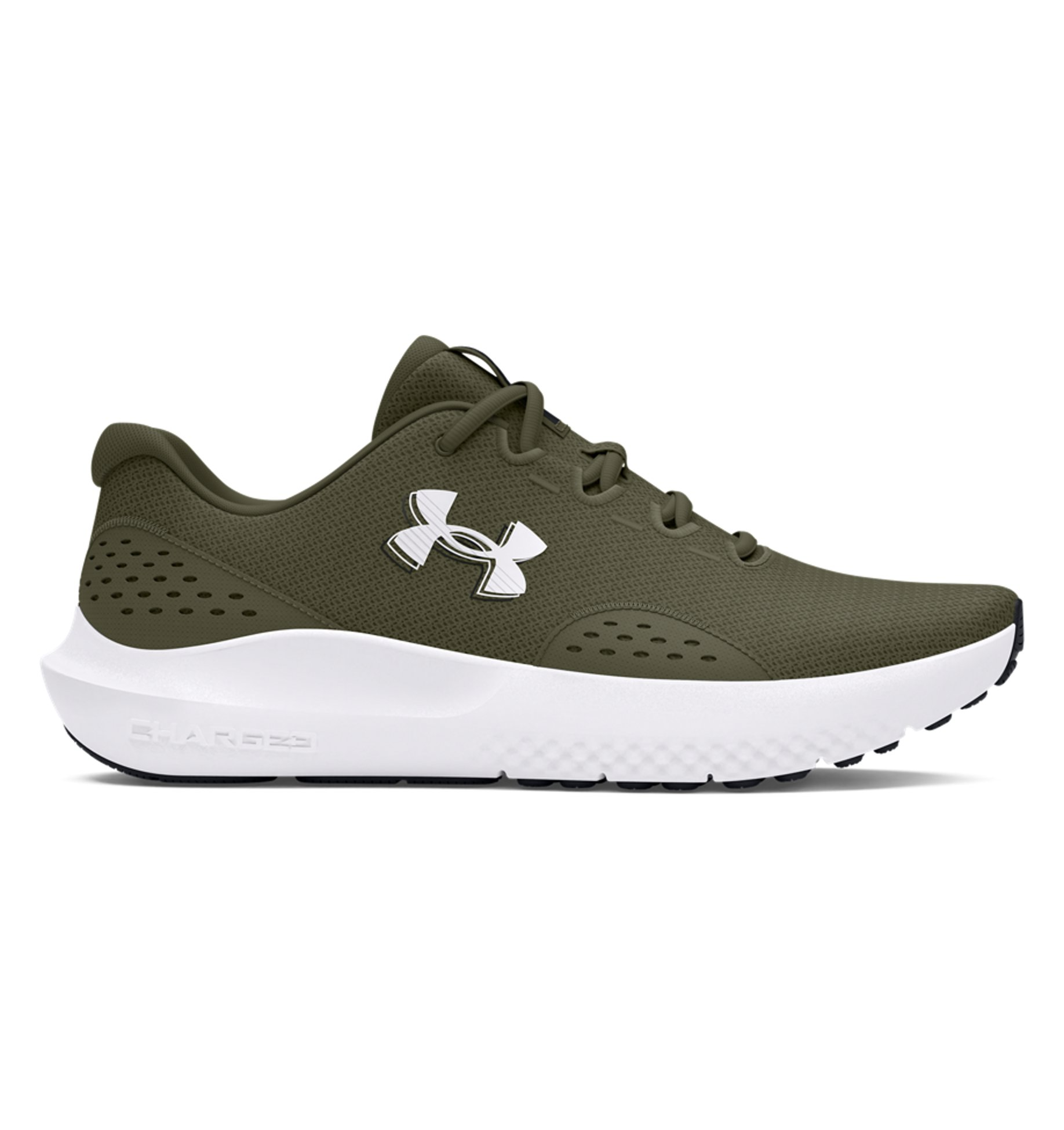 Under Armour UA Surge 4 Running Shoes in olive green with breathable mesh upper and cushioned sole for comfort.